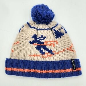 Chaos Wool Blend Ski Knit Pom Hat Blue Ivory Retro One Size Adult Unisex Beanie